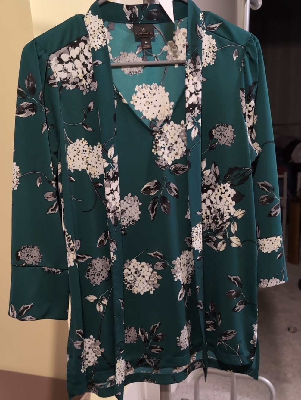 Worthington Teal Floral V-Neck Tie-Front Tunic